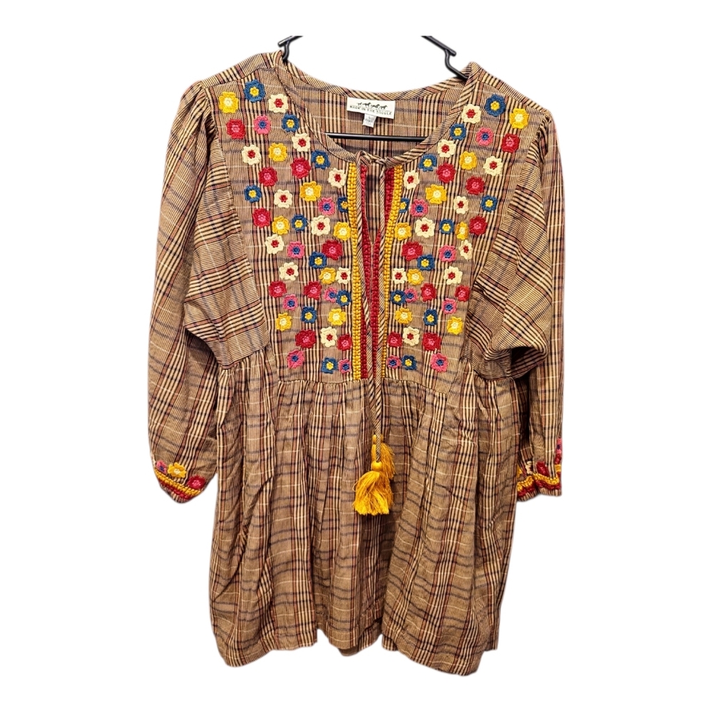 Back In The Saddle Bohemian Western‎  Floral Plaid Peasant Tunic Large Heritage